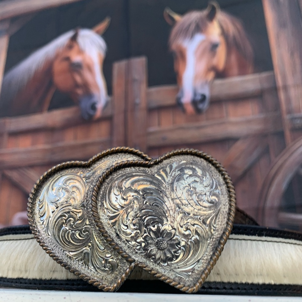 Dan Post Silver Double Heart Belt Buckle on Leather Calf Hair Rustic Belt
